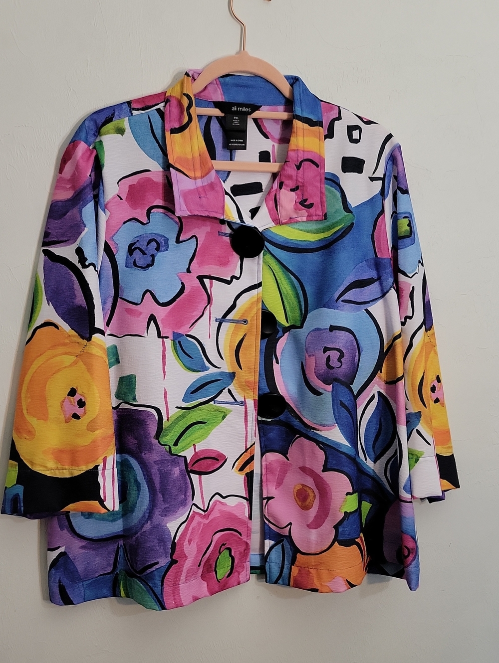 Ali Miles Multicolor Floral Blazer with Black Button Accents
